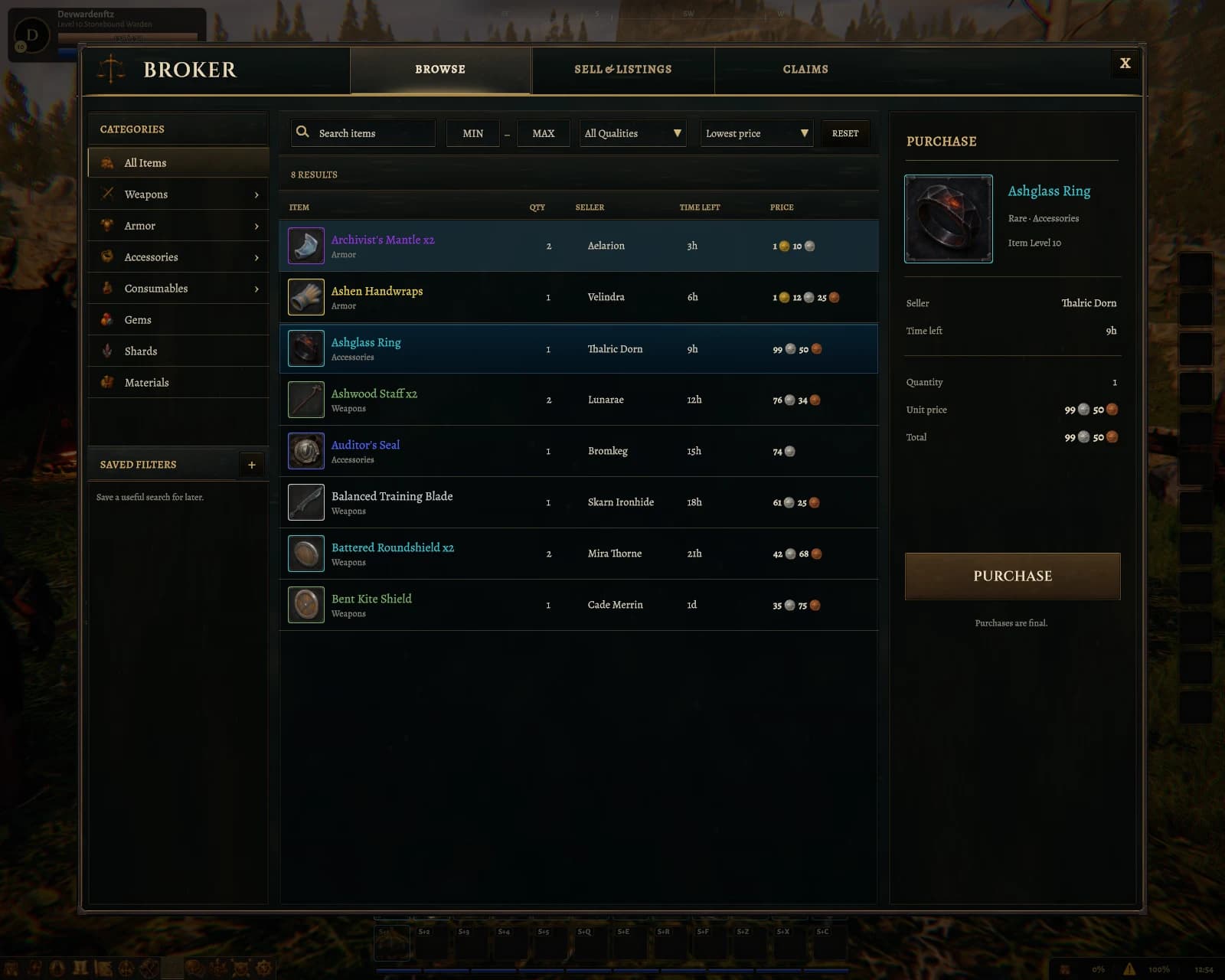 The Broker's item listings, category filters, sellers, and purchase details