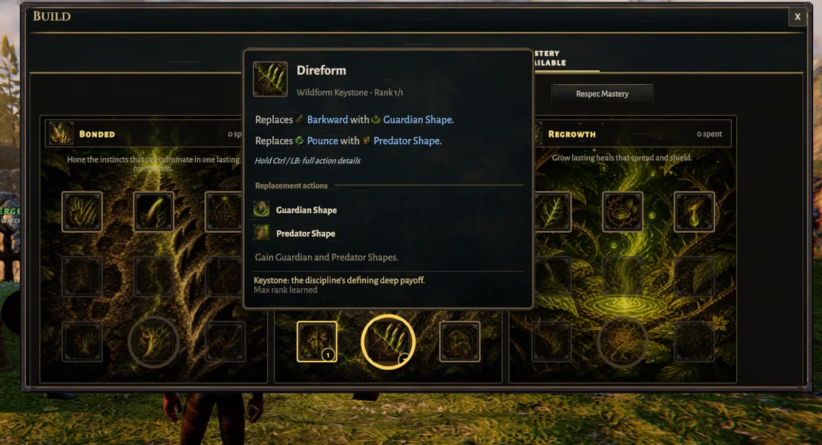 Primal Mastery screen showing three disciplines and the Direform Keystone tooltip