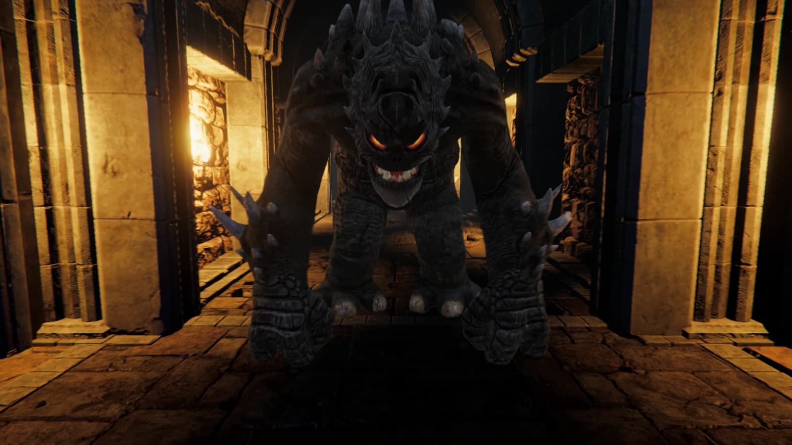 The Maw-Warden waiting in the torchlit depths of Salvager's Cache