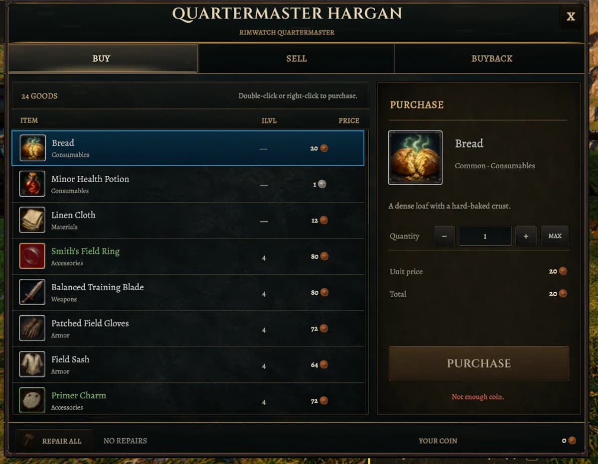 Quartermaster Hargan's shop showing supplies, equipment, prices, and purchase details