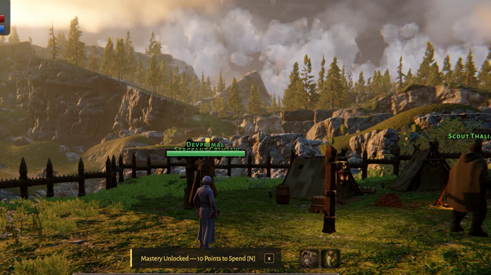 Player character facing a small camp beneath rocky, pine-covered hills in Rimwatch